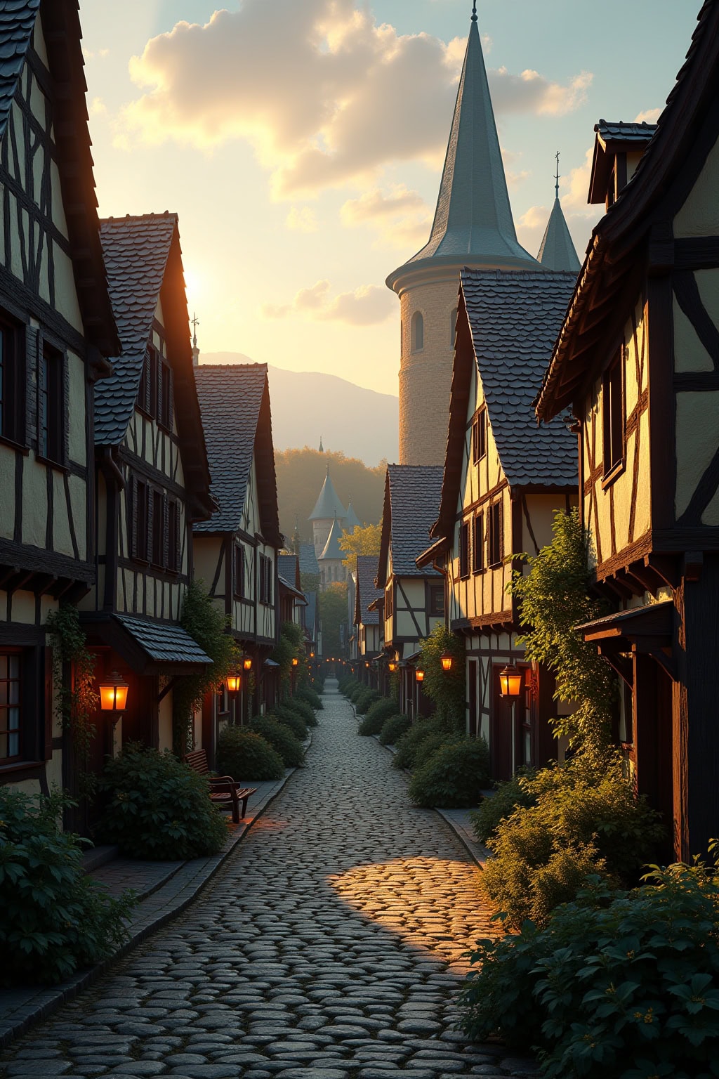 Alte Fachwerkhäuser und eine gotische Kirche in der Altstadt. Charmantes Stadtbild bei Sonnenuntergang, mit Kopfsteinpflaster und Laternen.