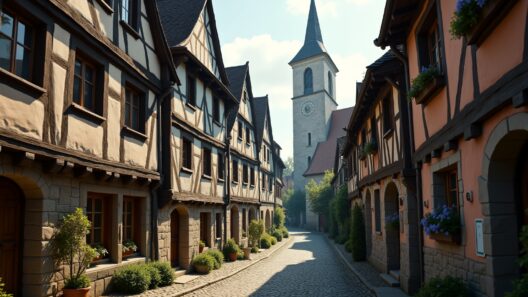 Historische Altstadt mit Fachwerkhäusern und der eindrucksvollen Kirche im Hintergrund.