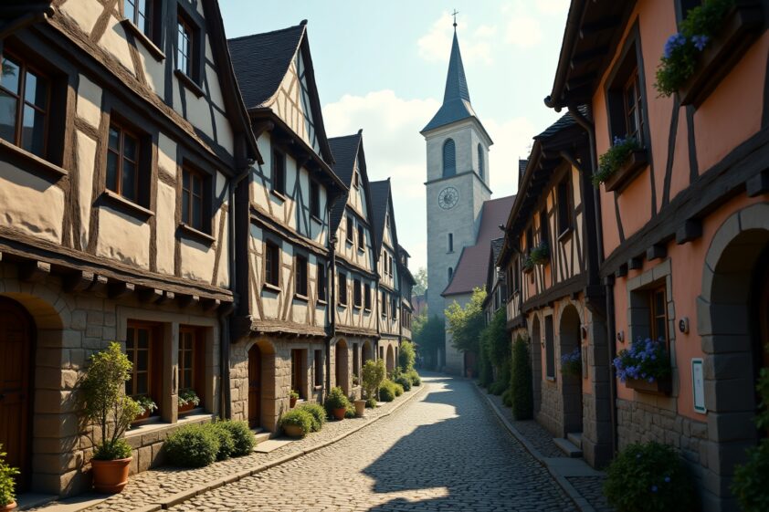 Historische Altstadt mit Fachwerkhäusern und der eindrucksvollen Kirche im Hintergrund.