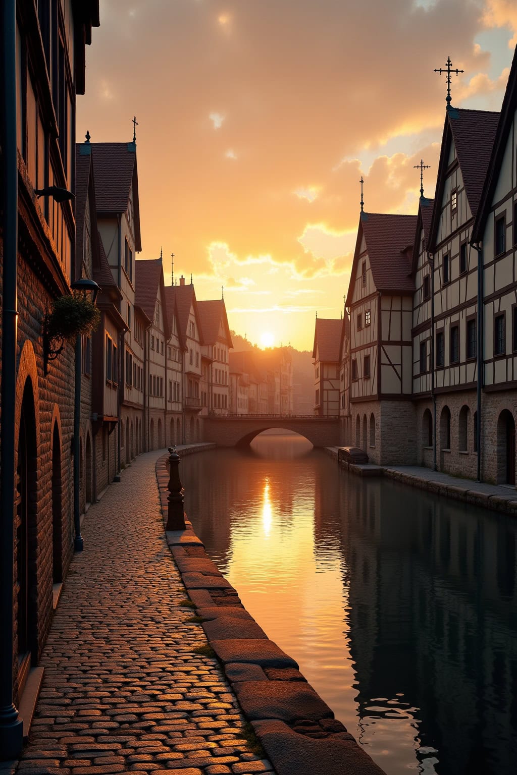 Historische Altstadt mit Kirche und Kanal inmitten der Fachwerkhäuser während Sonnenuntergang, idyllische Atmosphäre.