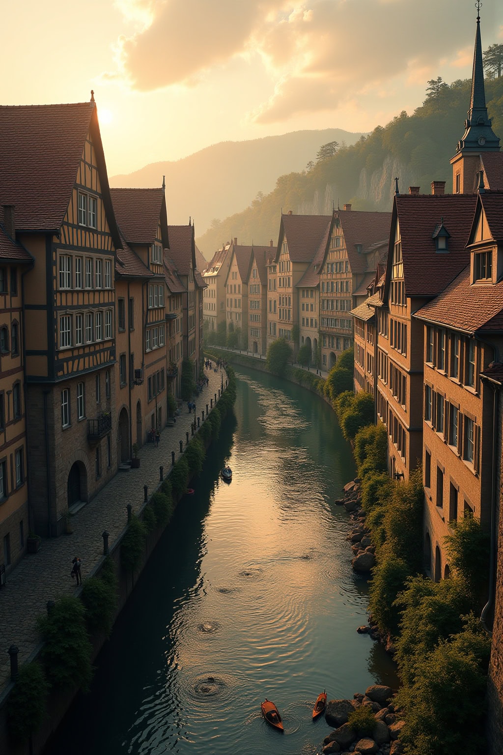 Historische Altstadt mit Kirche und Fachwerkhäusern entlang eines Flusses, bei Sonnenuntergang in Heidelberg.