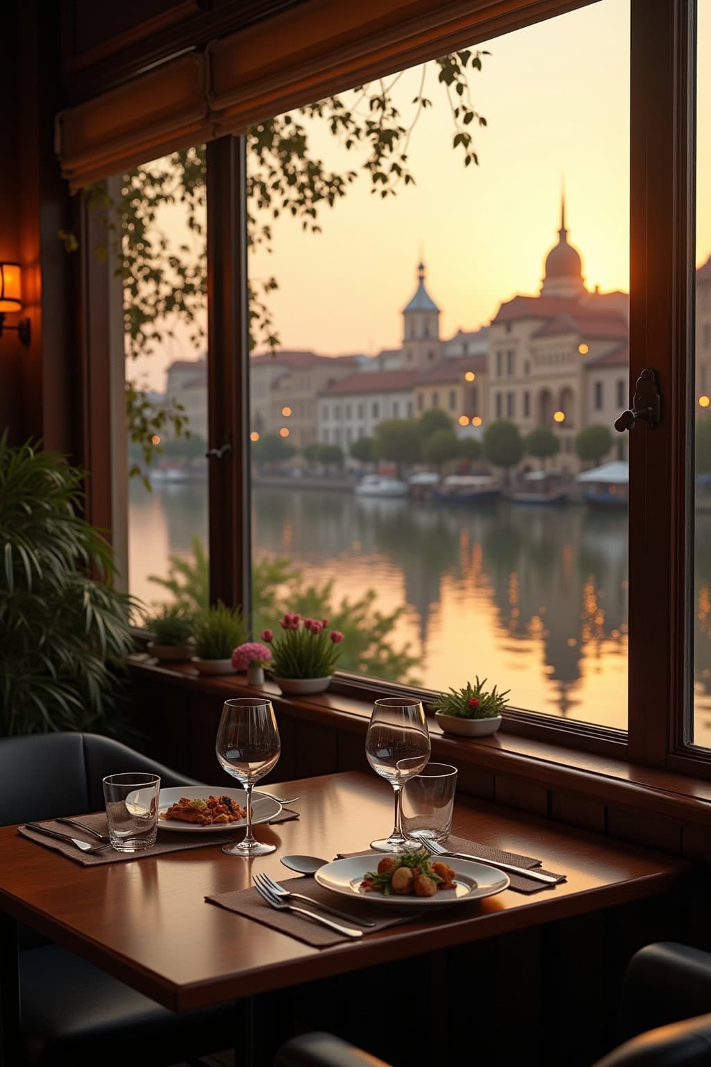 Blick auf die Altstadt und Kirche bei Sonnenuntergang vom Restaurant aus, romantische Atmosphäre, Wasserspiegelung, Boote.
