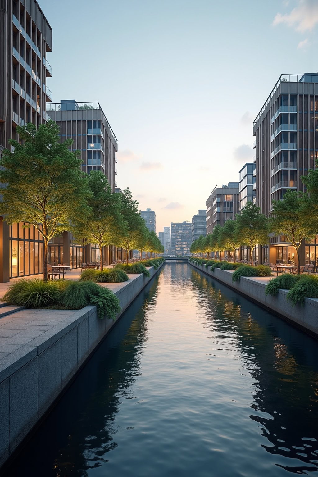 Stadtbild mit Wasserkanal, umgeben von modernen Hochhäusern, beleuchtete Bäume und glatte Wasserreflexion.