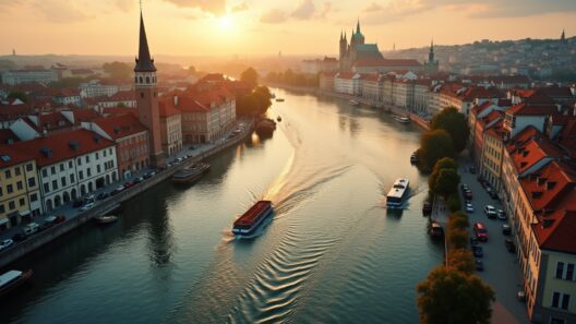 Altstadt mit historischem Kirche und Fluss, Sonnenuntergang über der Altstadt.