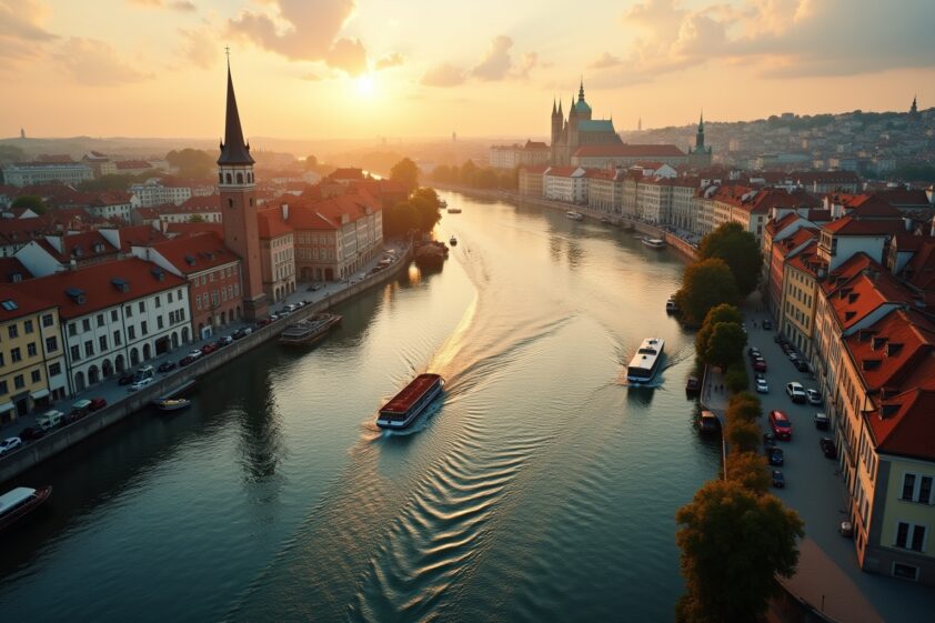Altstadt mit historischem Kirche und Fluss, Sonnenuntergang über der Altstadt.
