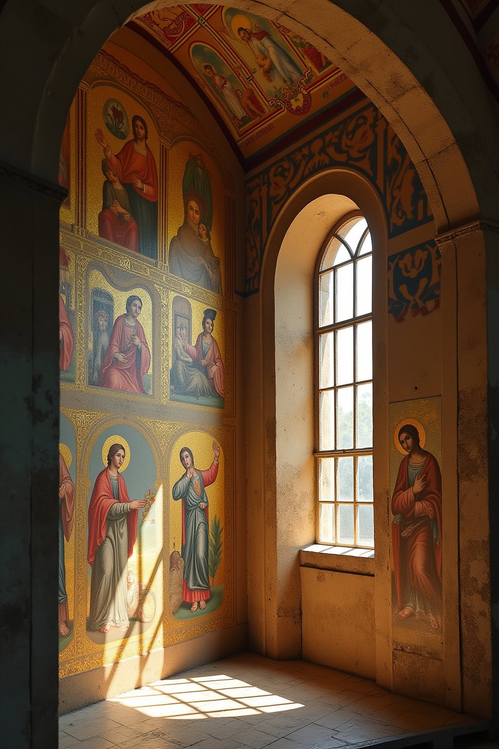 Farbenfrohe Wandmalereien in der Altstadt mit Kirche, Sonnenlicht durch Fenster, historische Atmosphäre, religiöse Kunst.