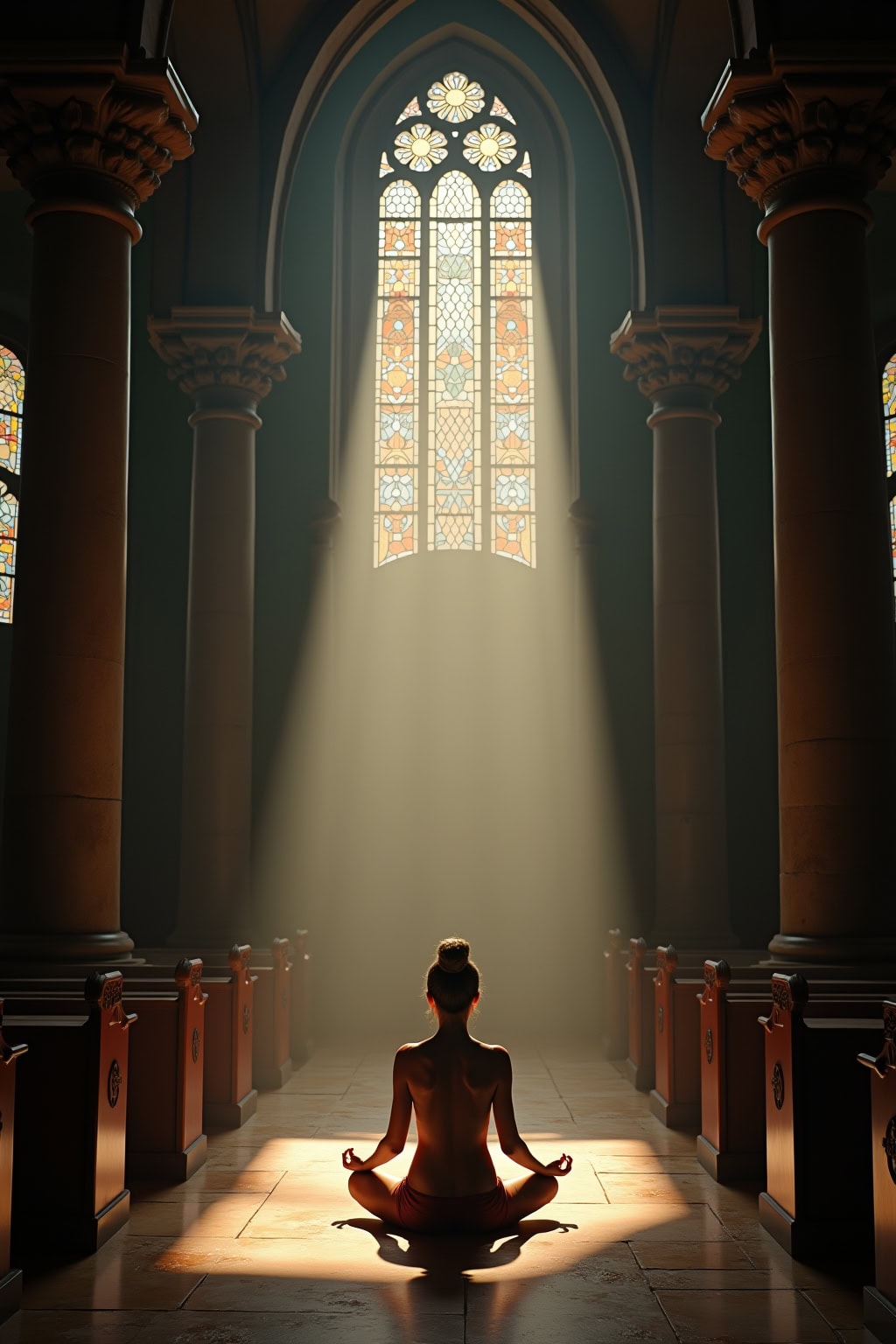 Historische Kirche mit Lichtstrahlen im inneren.