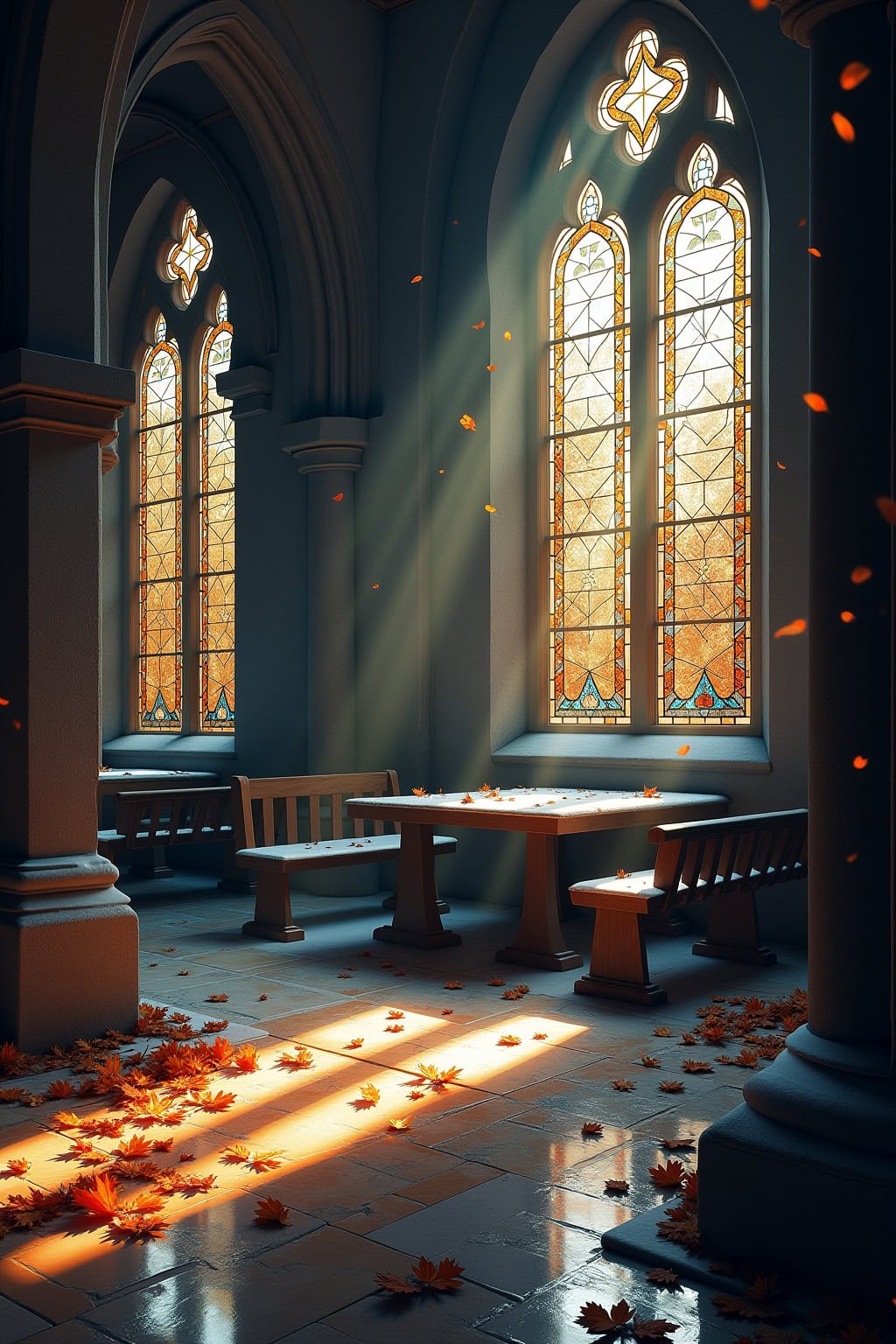 Helles Kirchenschiff mit bunten stained glass Fenstern und Sonnenstrahlen, Herbstlaub auf dem Boden.
