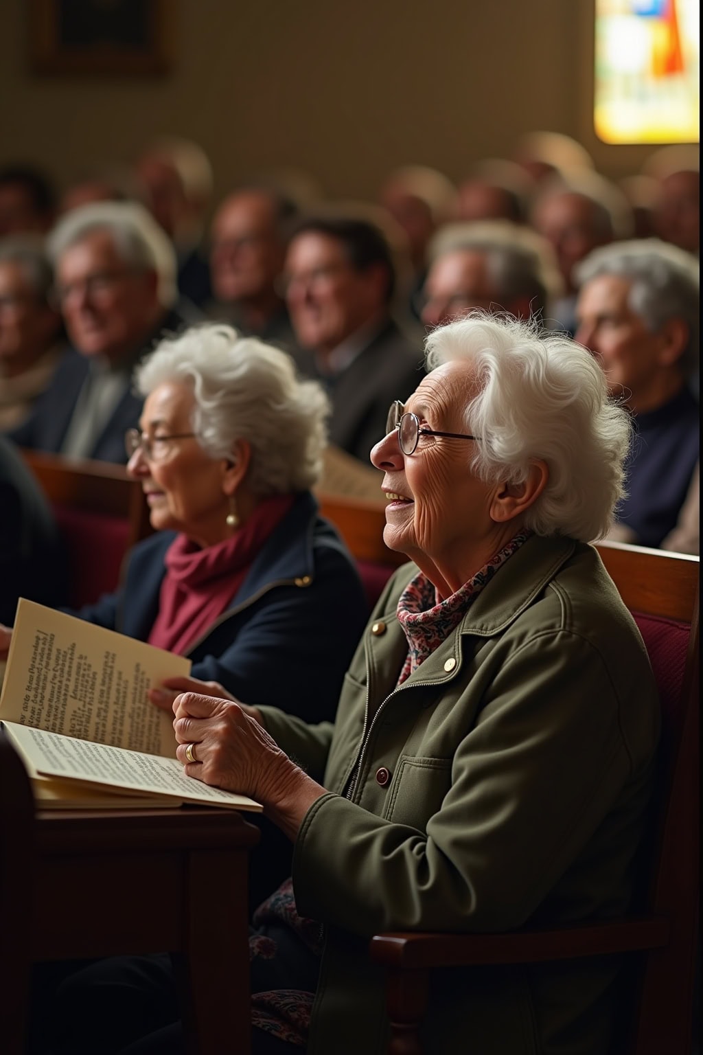 Fröhliche Senioren während eines Gottesdienstes oder Konzerts in der historischen Altstadt mit Kirche.