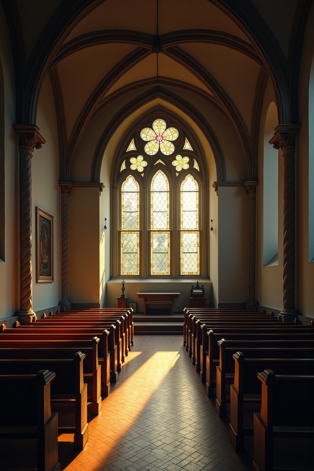 Helle Kirche mit großen Buntglasfenstern, ruhige Atmosphäre, historische Architektur, Innenansicht.