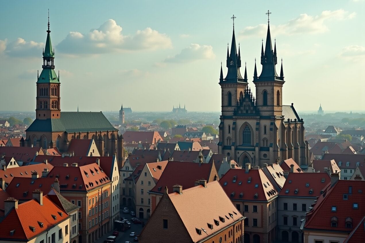 Schnappschuss der Altstadt mit beeindruckender Kirche und roten Dächern, typisch für die deutsche Architektur.