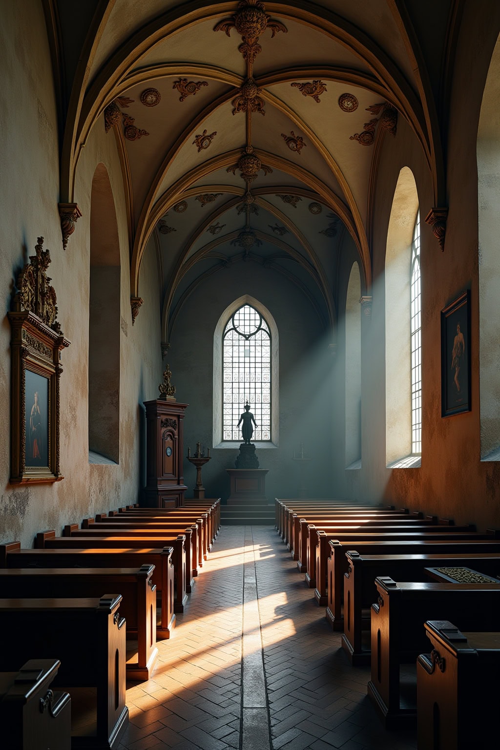 Historische Kirche in der Altstadt mit gotischem Fenster und Holzbankreihen.