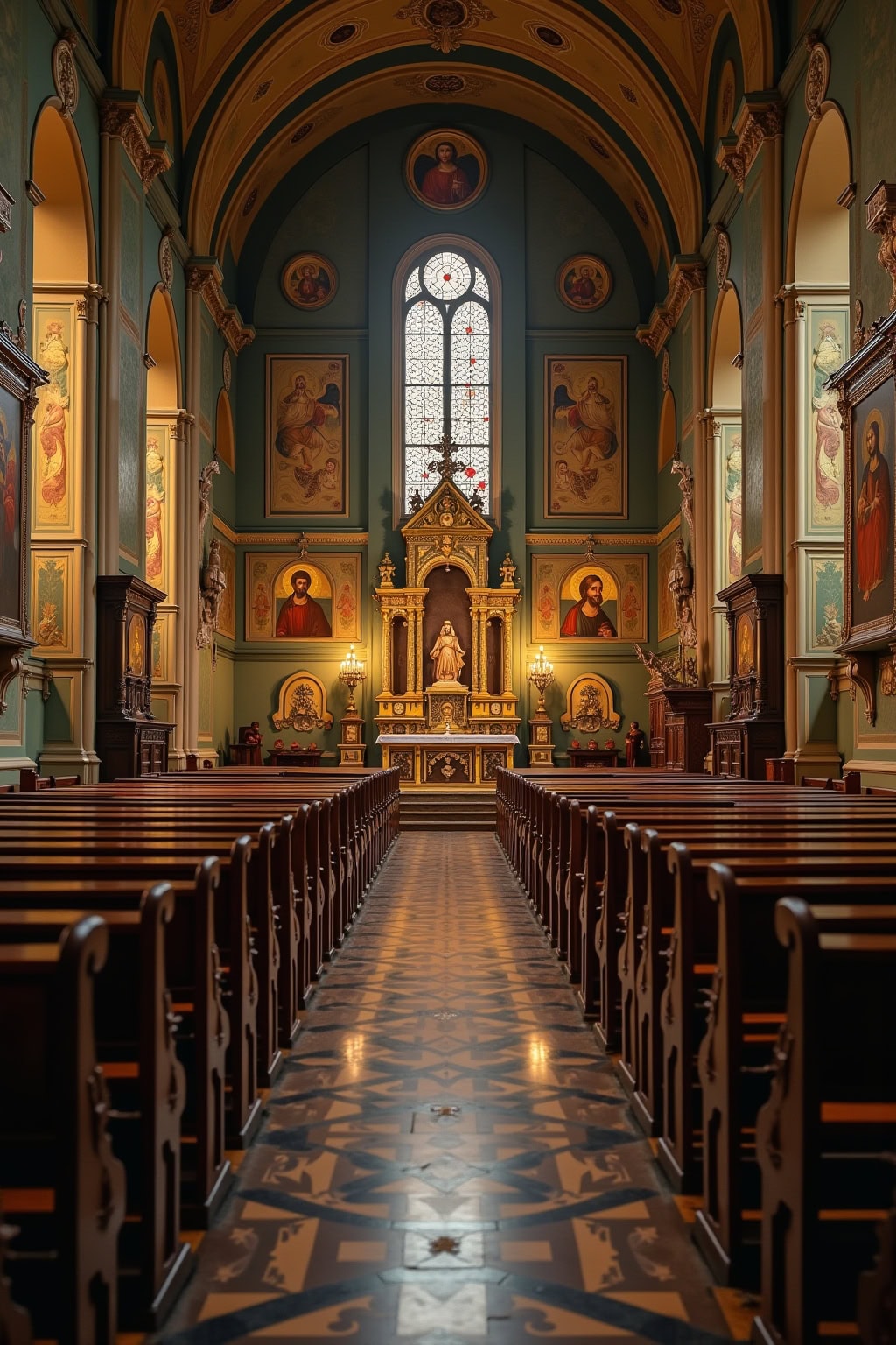 Altstadt mit Kirche, barocke Kirche Innenraum, Künstlerische Holzsitzbänke, Historische Kirche innen.