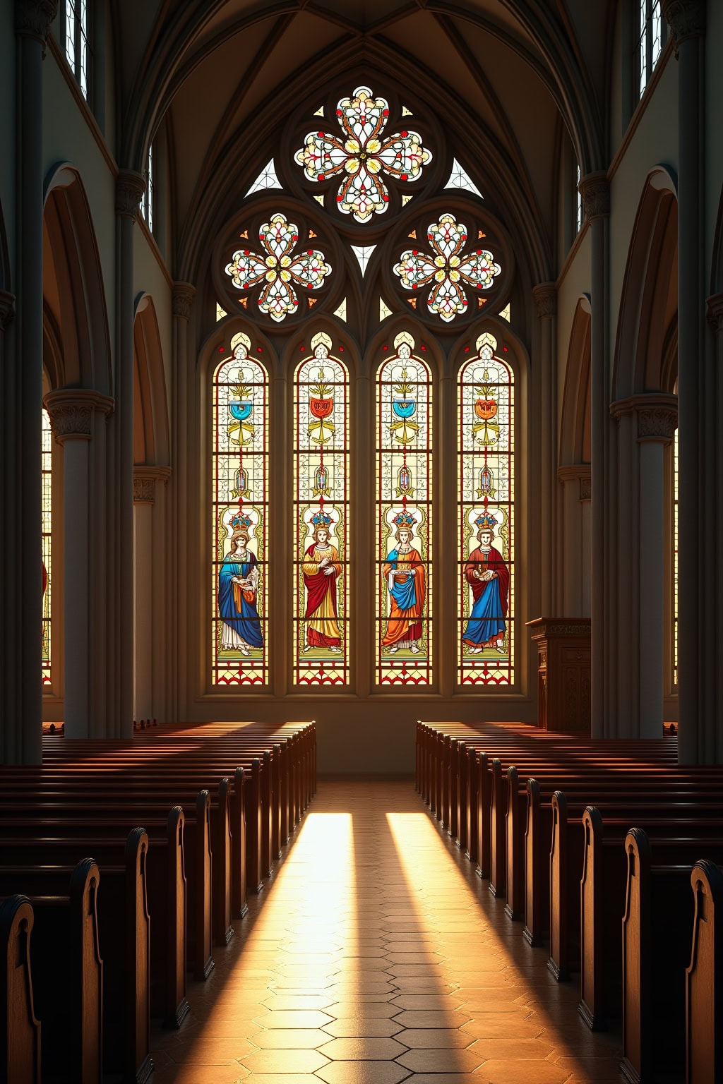 Hochwertige Perspektive auf die farbenfrohen, gotischen Glasfenster der Altstadt-Kirche mit Lichtspielen.