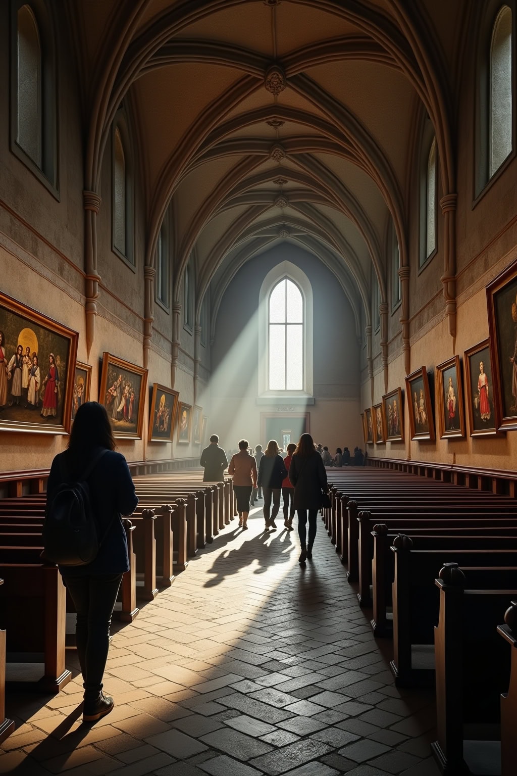 Berühmte Kirche in der Altstadt, Kirche mit gotischer Architektur, Besucher in der Kirche, die Sonnenstrahlen durch das Fenster.