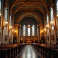 Hochwertige Aufnahme der Kirche in der Altstadt mit beeindruckender Innenraumgestaltung und kunstvollen Fensterdekorationen.