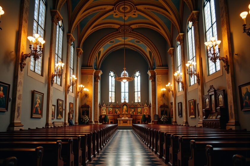 Hochwertige Aufnahme der Kirche in der Altstadt mit beeindruckender Innenraumgestaltung und kunstvollen Fensterdekorationen.