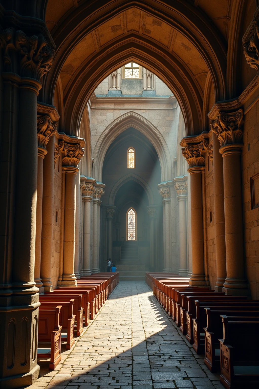 Innenansicht der historischen Altstadt Kirche mit gotischer Architektur und lichtdurchfluteten Fenstern.