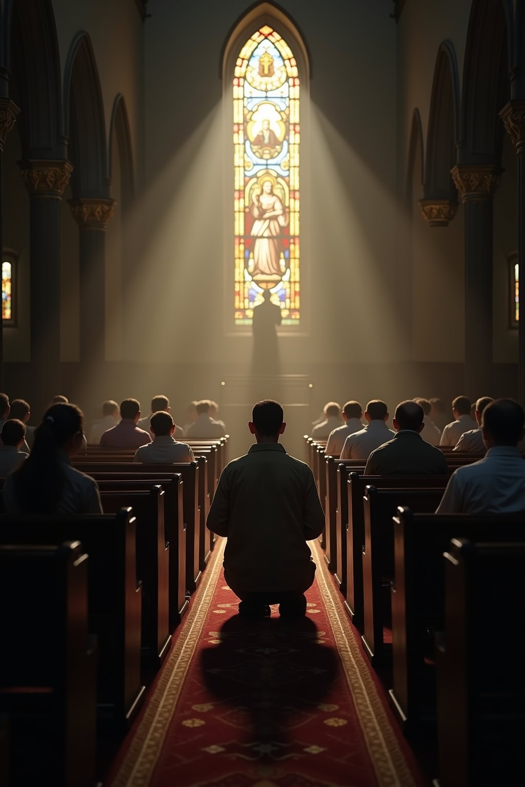 Altstadtkirche mit beeindruckendem Kirchenfenster und betenden Menschen im Inneren.