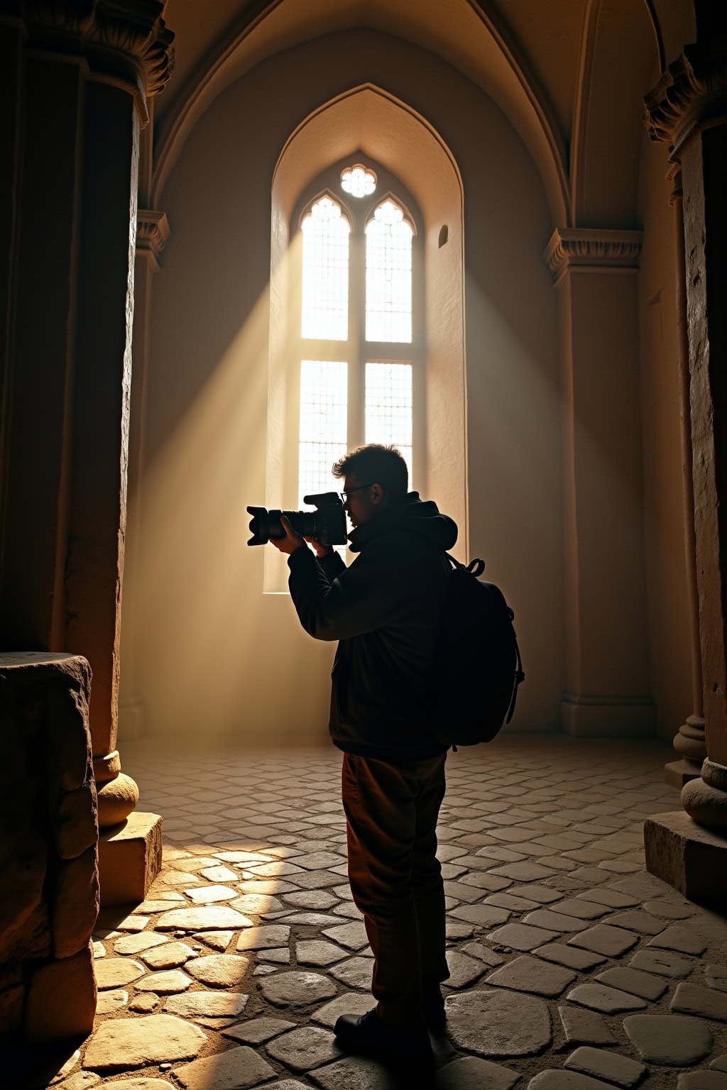 Fotograf in der Altstadt mit Kirche, Sonnenlicht durch das Fenster, historische Architektur, ruhige Atmosphäre, Innenraum, Fenster, stärker Fokus auf Licht.
