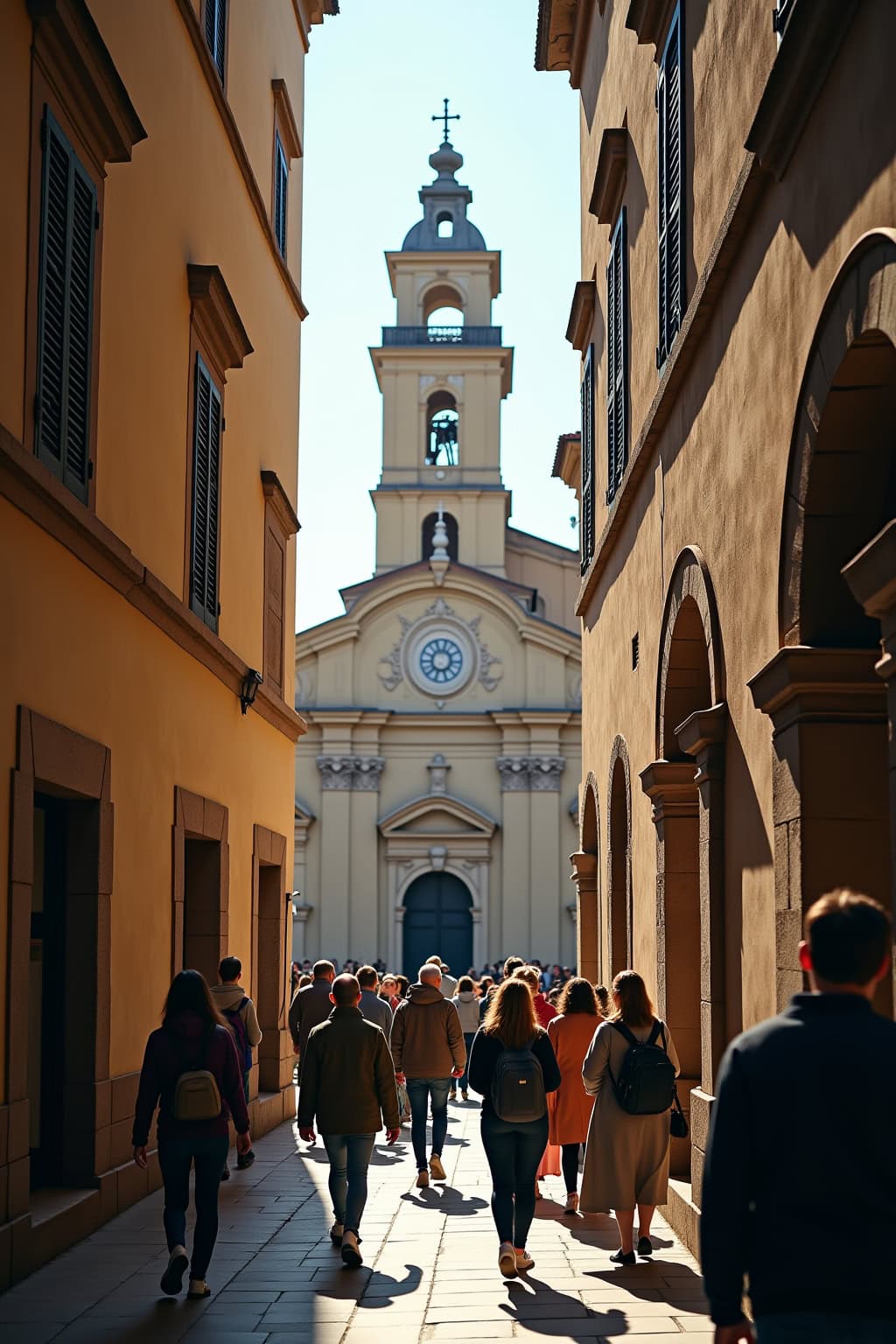 Historische Kirche in der Altstadt, umgeben von charmanten Gebäuden und lebendigem Stadttreiben.