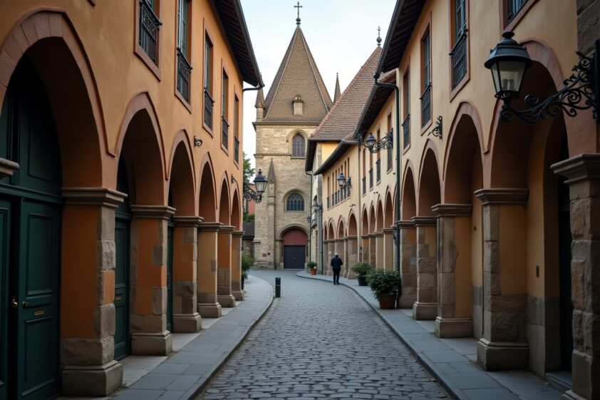 Altstadt mit Kirche, malerische Fachwerkhäuser und enge Gassen.