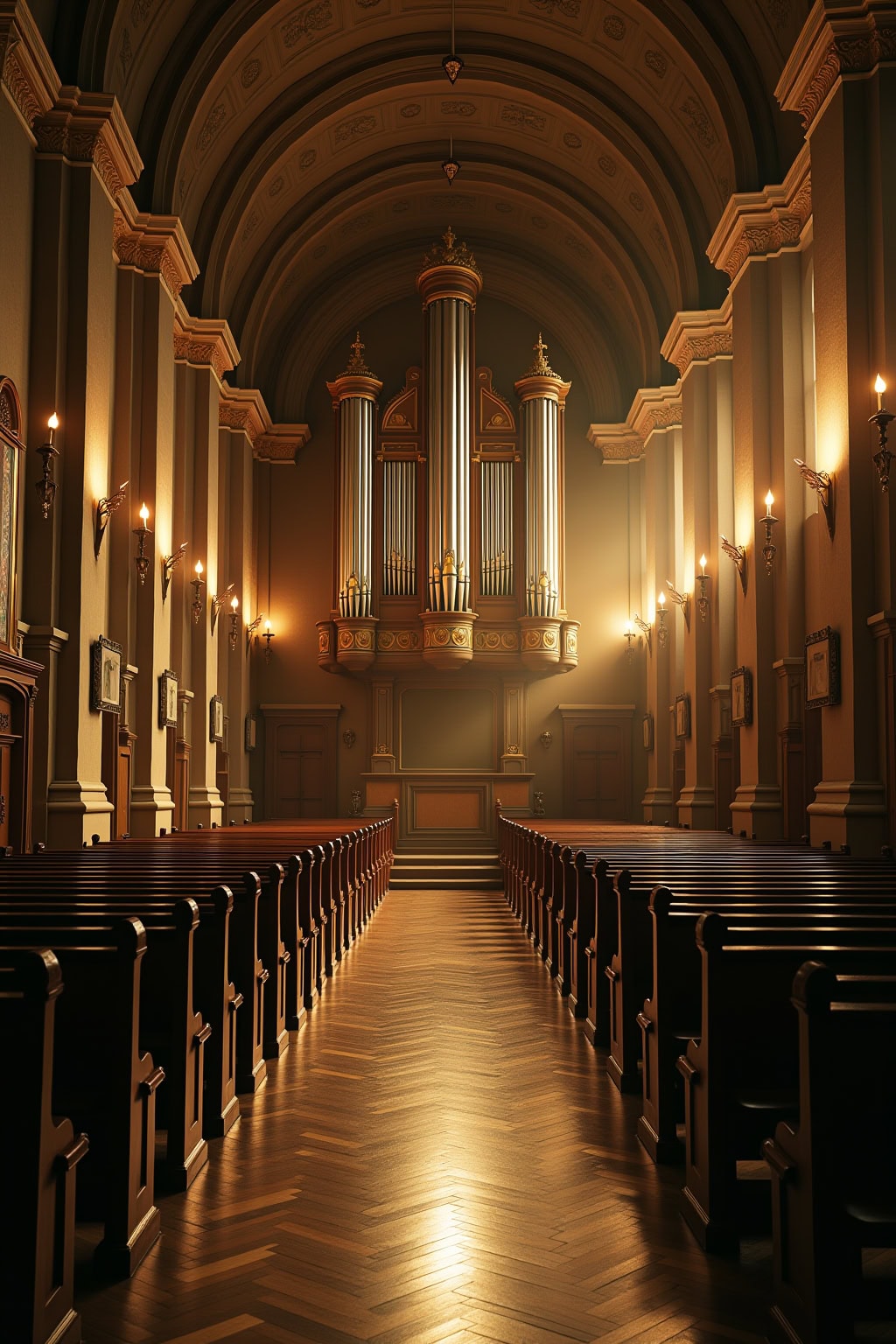 Historische Kirche mit prachtvoller Orgel im Inneren, warmes Licht und elegante Architektur, ideal für religiöse Veranstaltungen.