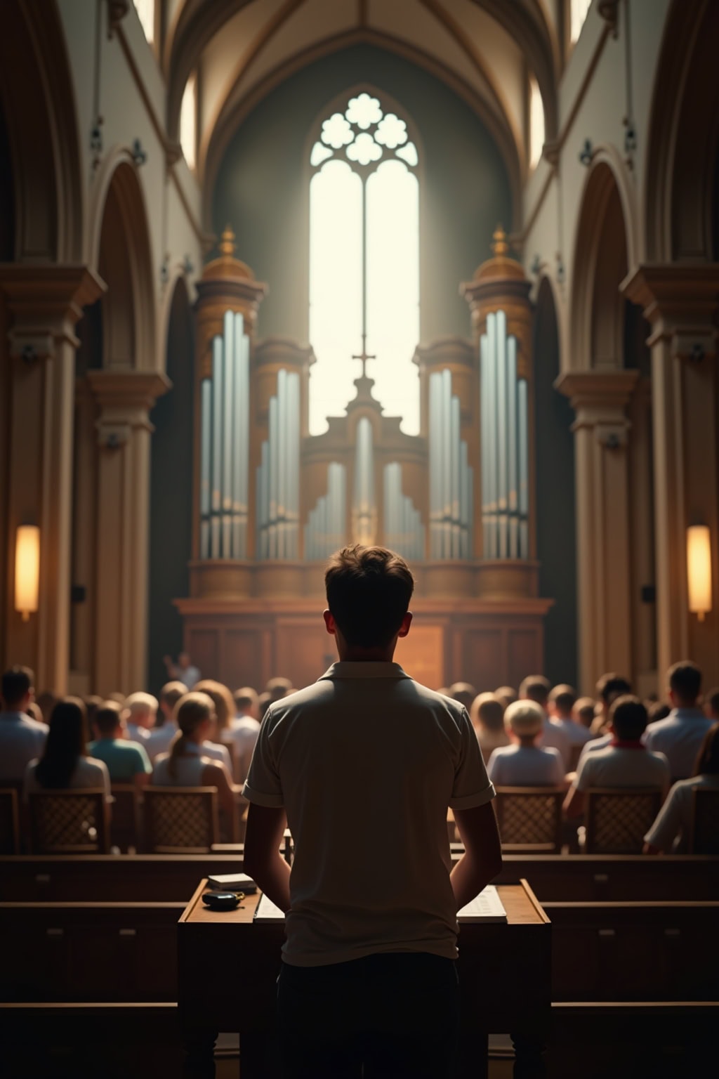 Innenansicht der Kirche mit betendem Jugendlichen, beeindruckende Architektur und Orgel im Hintergrund.
