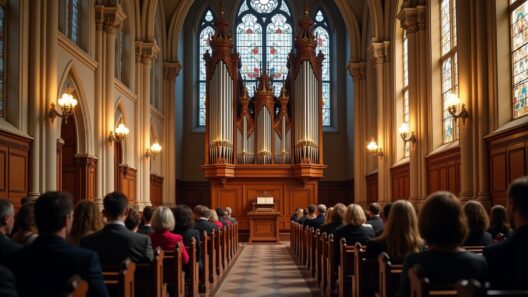 Hochwertige Innenaufnahme einer gotischen Kirche mit großer Orgel und Buntglasfenstern.