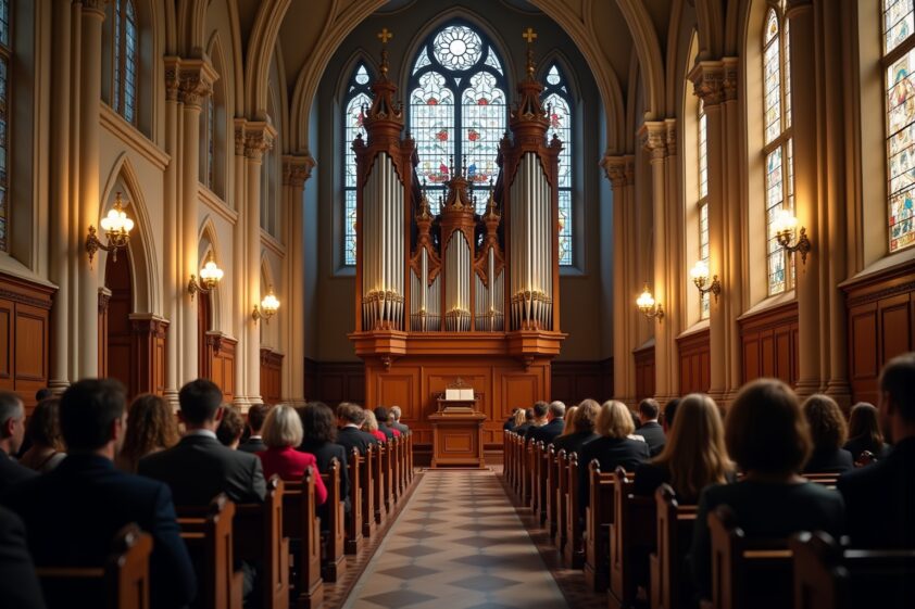Hochwertige Innenaufnahme einer gotischen Kirche mit großer Orgel und Buntglasfenstern.