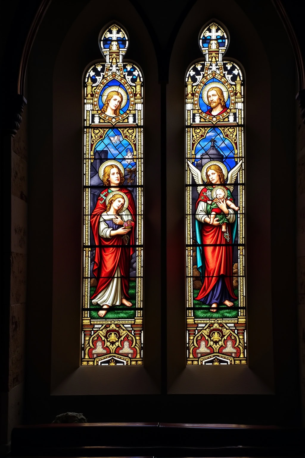 Buntes Kirchfenster mit religiösen Figuren und gotischer Architektur.