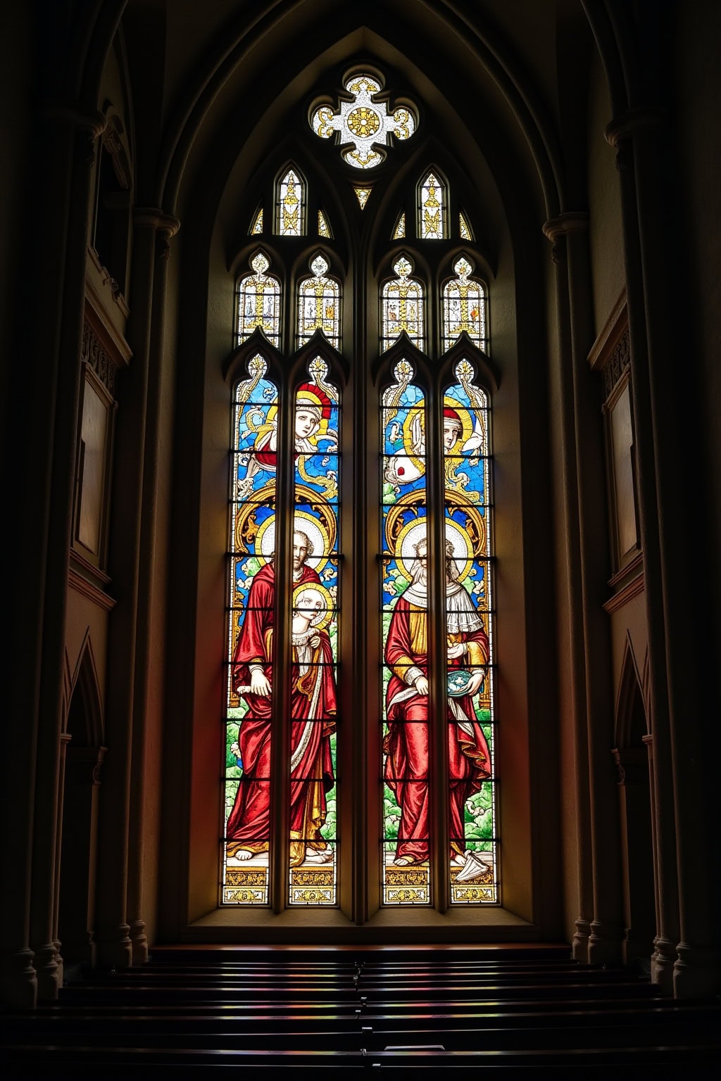 Das prachtvolle bunte Glasfenster in der Altstadtkirche mit religiösen Szenen, Lichtspiel und gotischer Architektur.