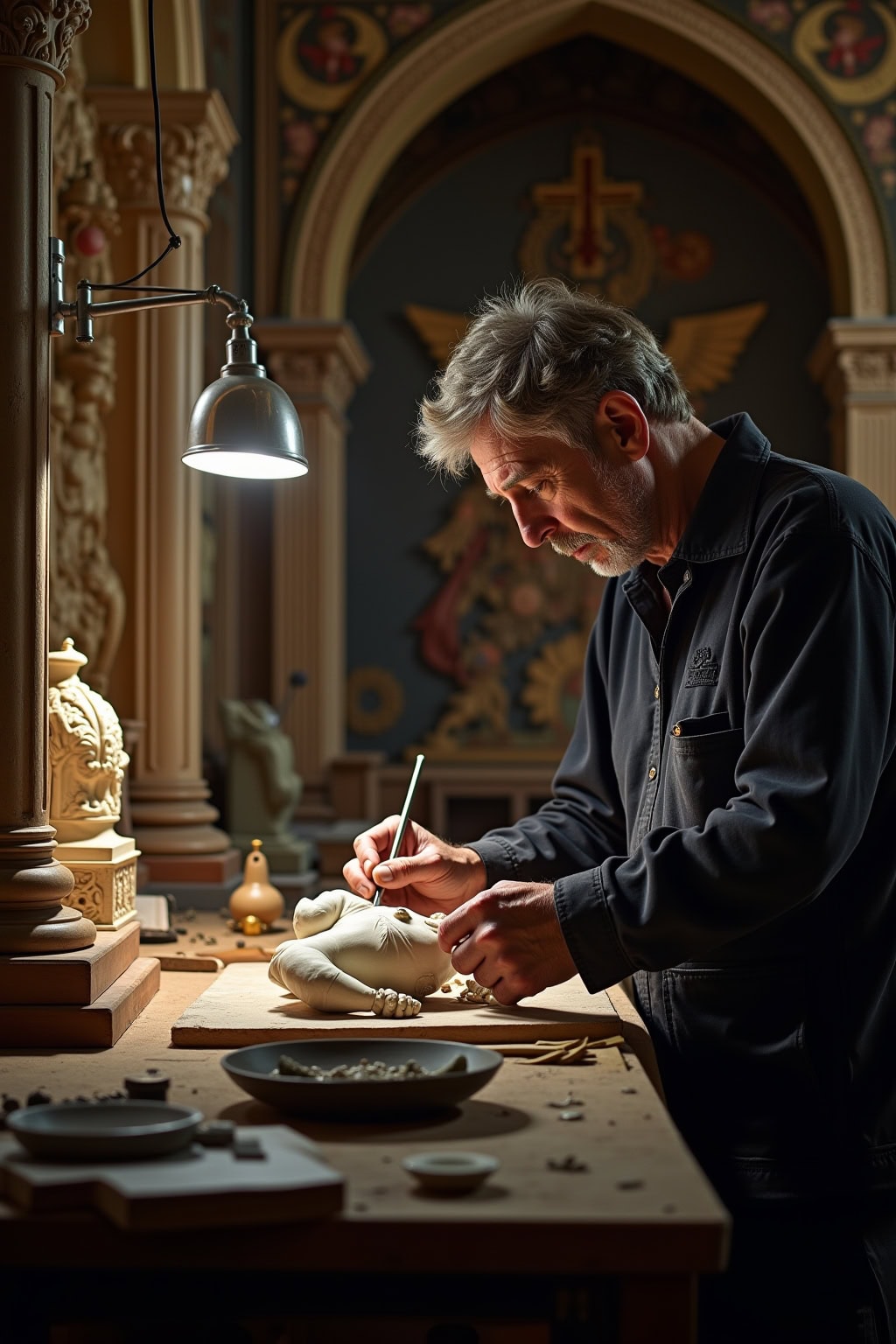 Details an antiker Skulptur reparieren in Kirche mit klassischen Dekorationen.