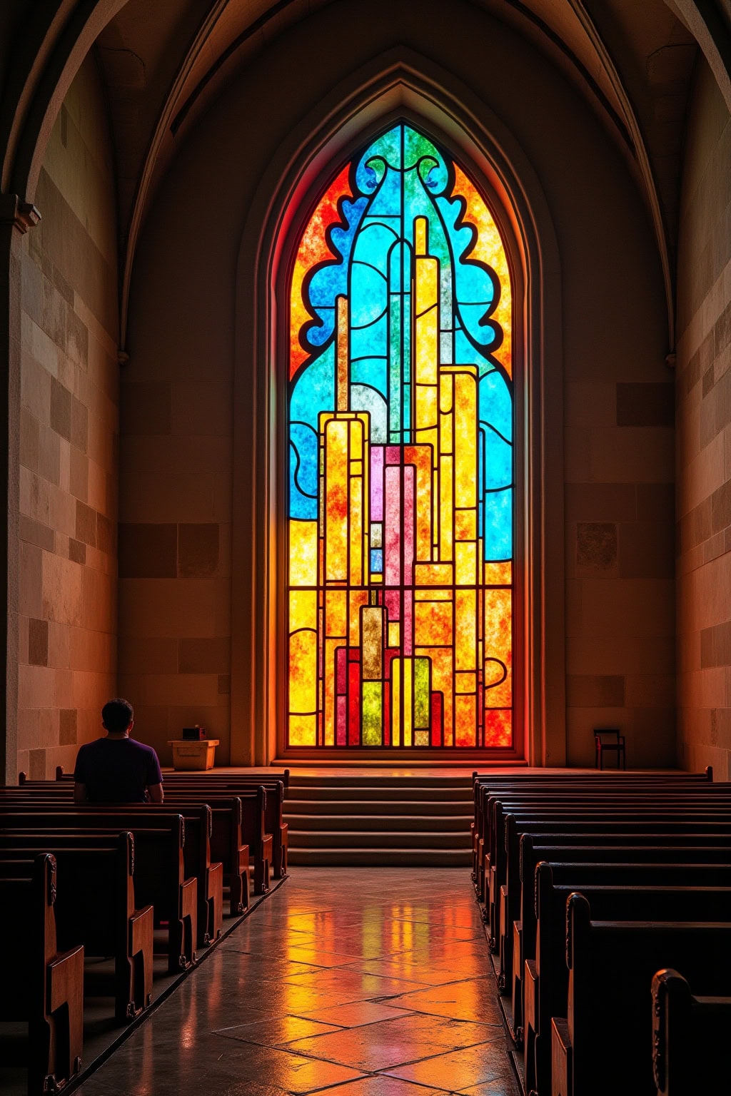 Helles, farbenfrohes Kirchenfenster in der Altstadtkirche, Innenraum mit Bänken und Betendem, beeindruckende Glasmalerei.