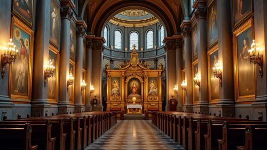 Historische Kirche mit barocker Innenarchitektur und kunstvollen Gemälden.