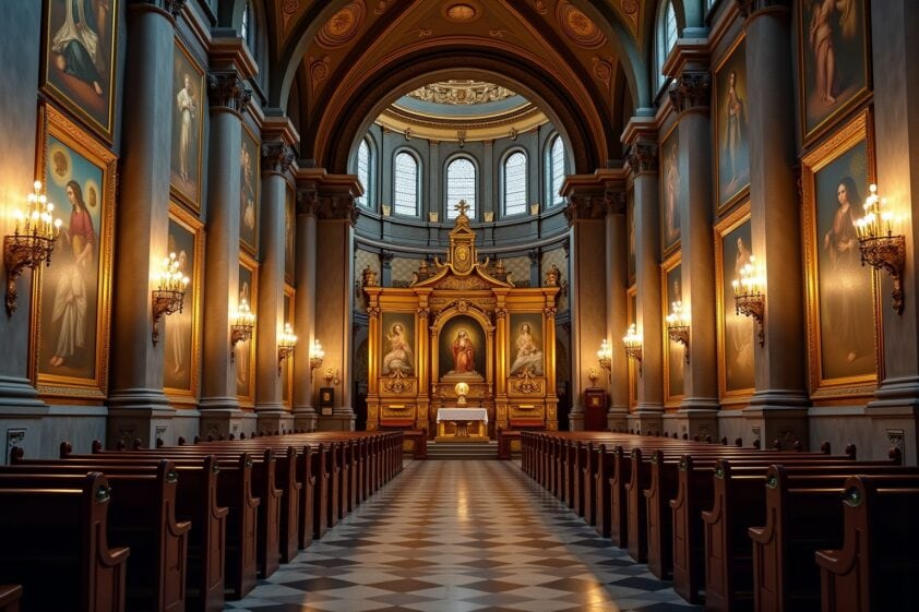 Historische Kirche mit barocker Innenarchitektur und kunstvollen Gemälden.