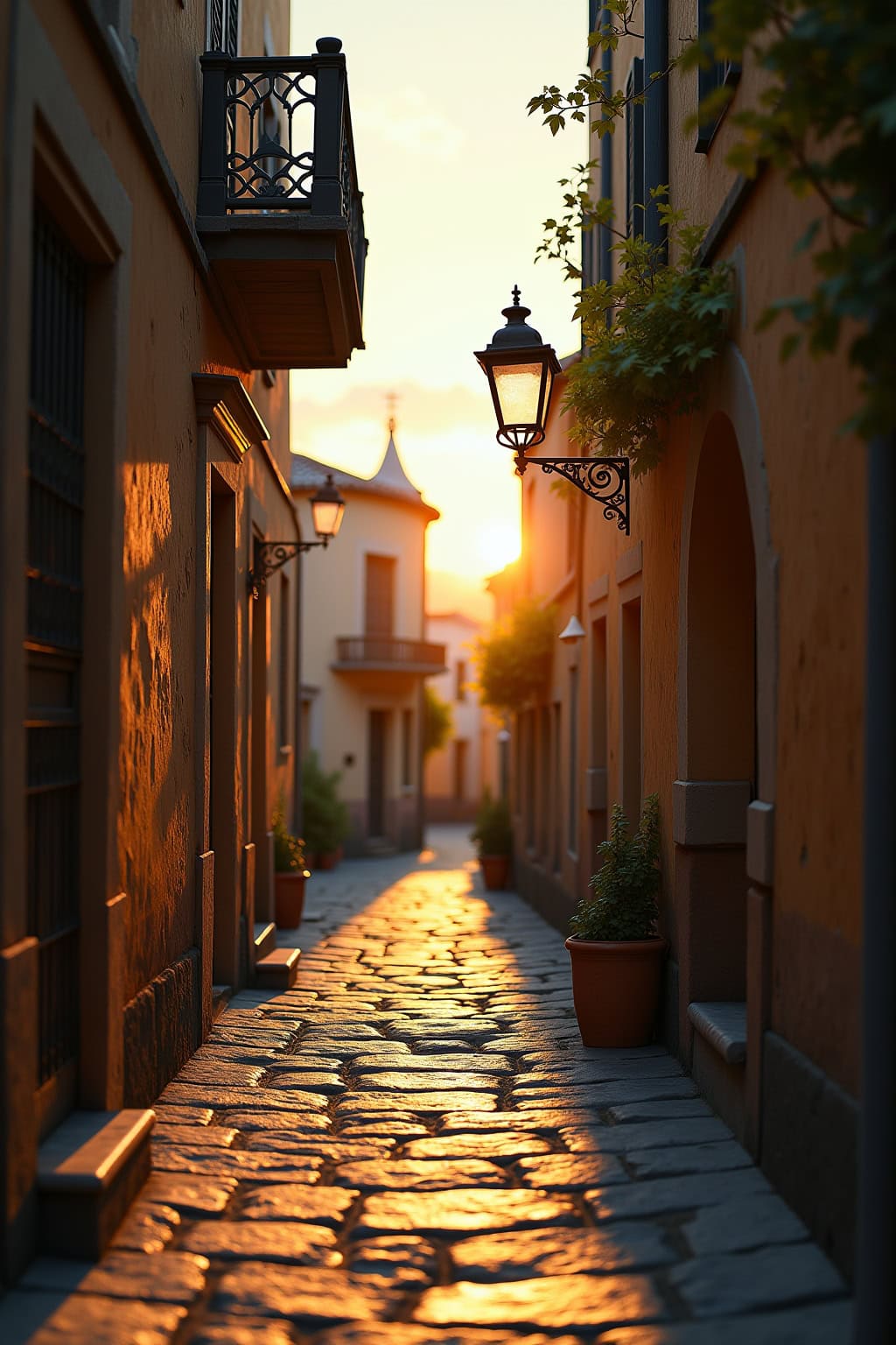 Antike Altstadtgasse mit Straßenlaternen und Pflanzen, bei Sonnenuntergang.