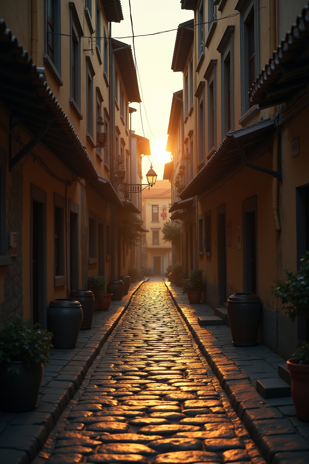 Alte deutsche Altstadt-Gassen mit Kirchen im Sonnenlicht, malerisches Stadtbild, historische Architektur.