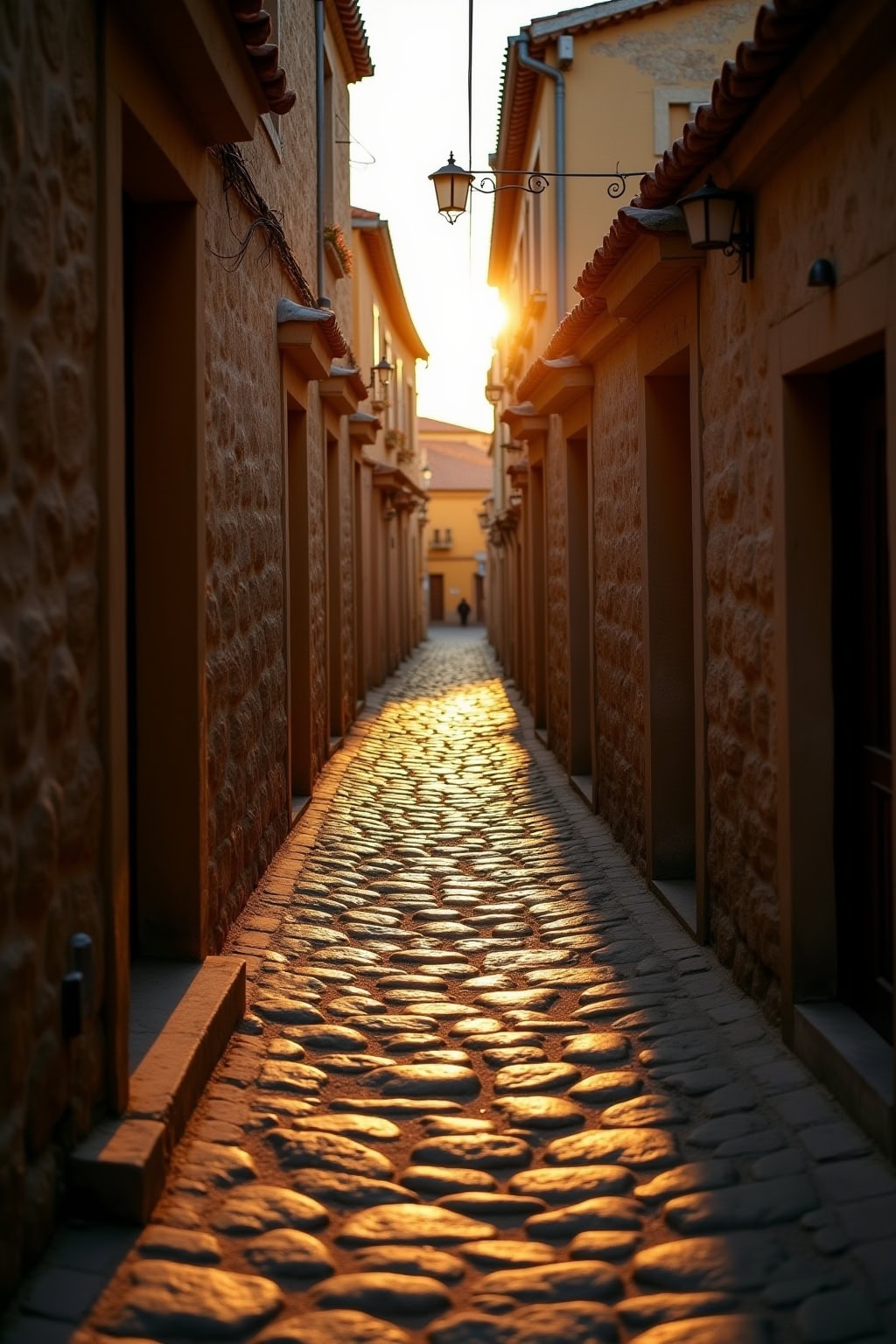 Alte, gepflasterte Gasse in der Altstadt mit Blick auf die Kirche im Sonnenuntergang.