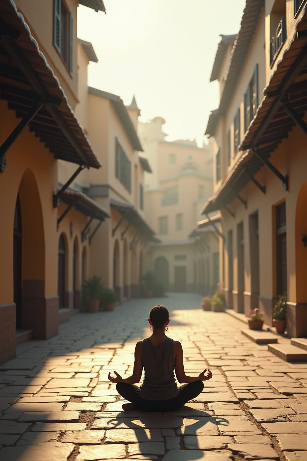 Person beim Yoga im historischen Stadtviertel bei Sonnenaufgang.