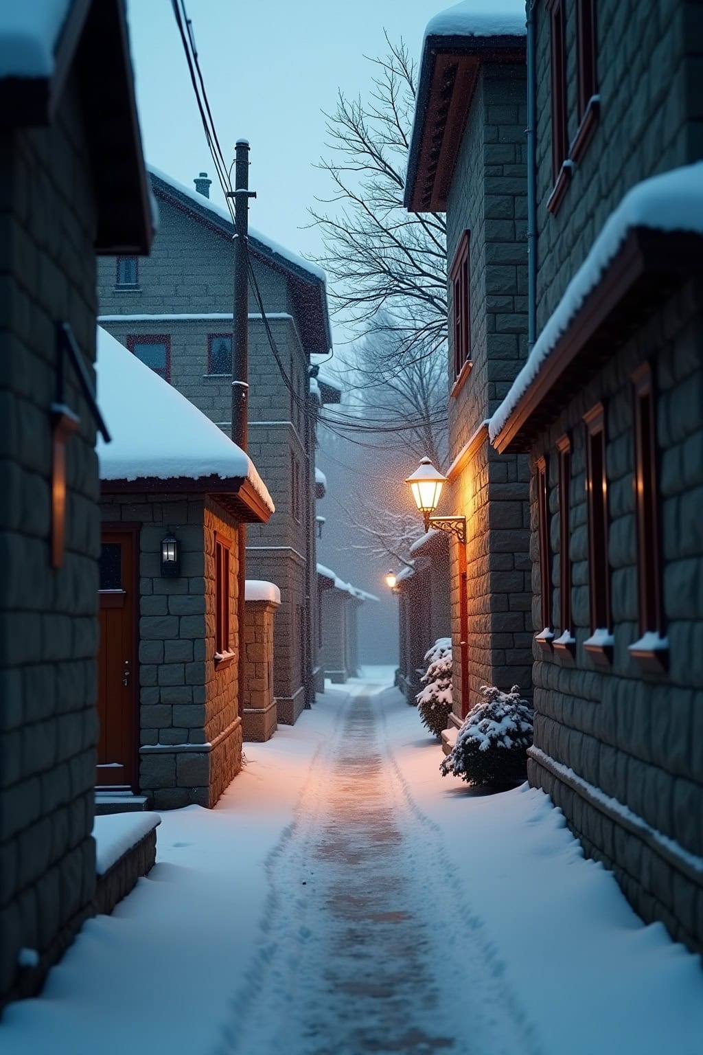 Stimmungsvolle winterliche Altstadt mit beleuchteter Kirche und verschneiten Fachwerkhäusern.
