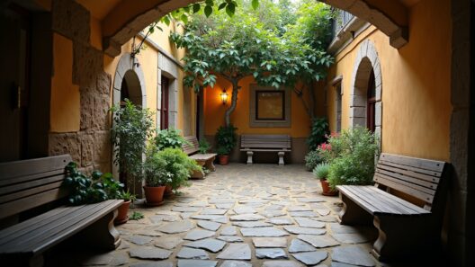 Heller Innenhof in der Altstadt mit Parkbänken, Pflanzen und Zierbaum, ideal für Entspannung bei Stadtbesichtigung.