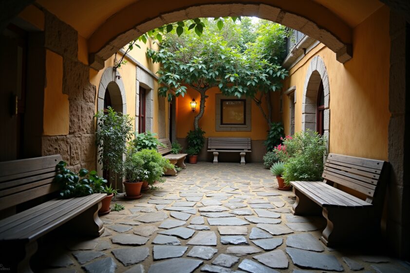 Heller Innenhof in der Altstadt mit Parkbänken, Pflanzen und Zierbaum, ideal für Entspannung bei Stadtbesichtigung.