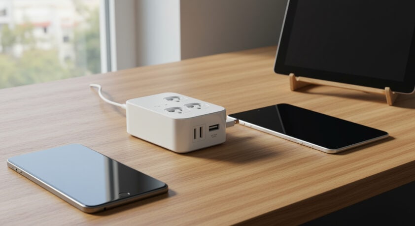 Smartphone, Tablets und Ladegerät auf einem Tisch in Interior, moderne Technologie, Ladegeräte, digital.