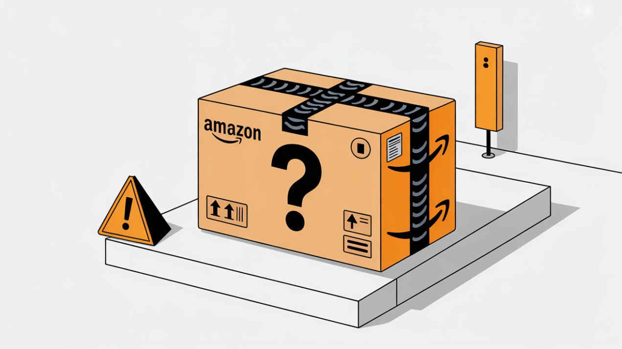 Versandkarton von Amazon mit Fragezeichen, Warnzeichen, und Paketsymbol auf einem Steintisch im historischen Stadtkern.