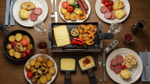 Blick auf die Altstadt mit Kirche und festlich gedecktem Tisch mit verschiedenen Speisen.