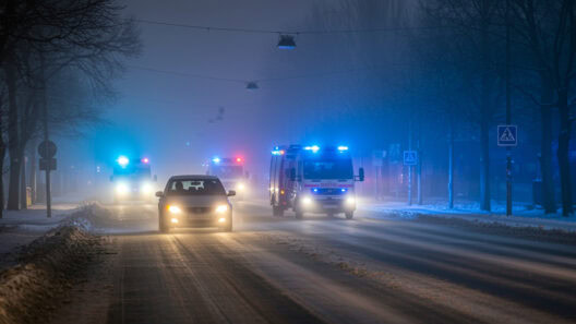 Altstadt mit Kirche bei Schneewetter, Einsatzfahrzeuge der Feuerwehr mit Blaulicht auf der Straße.