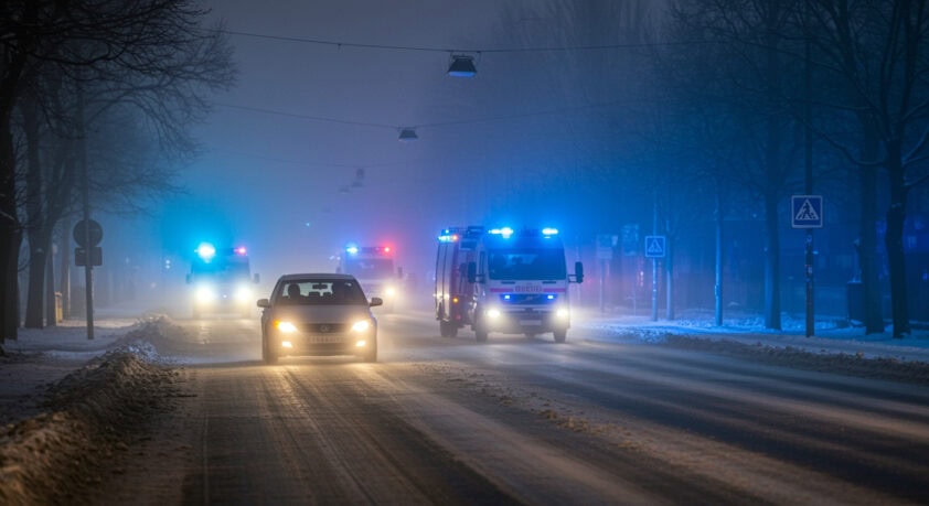Altstadt mit Kirche bei Schneewetter, Einsatzfahrzeuge der Feuerwehr mit Blaulicht auf der Straße.