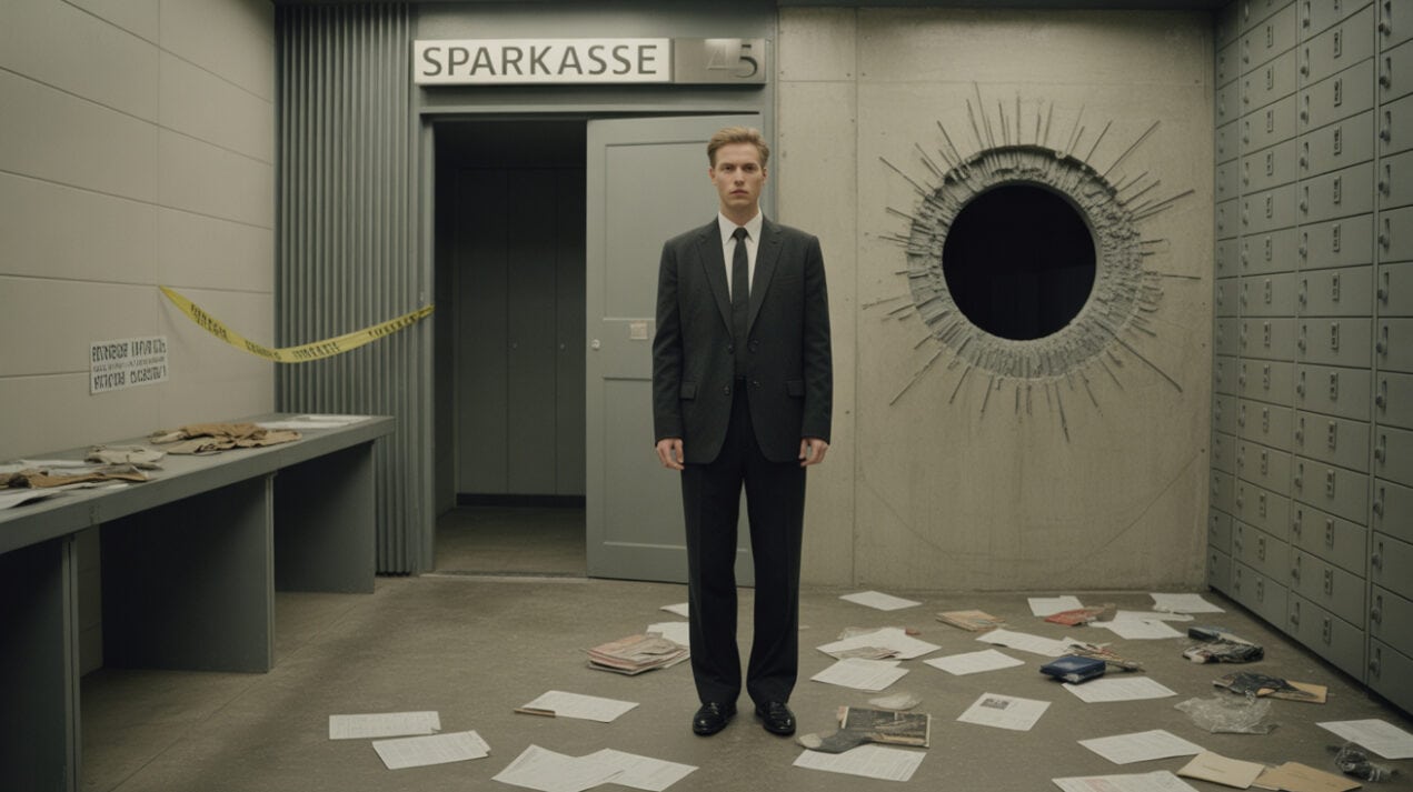 Altstadt mit Kirche, modernes Bild eines Mannes im Anzug im Raum mit Akten, Polizeiabsperrung, Symbol für Justiz und Sicherheit.