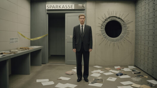 Altstadt mit Kirche, modernes Bild eines Mannes im Anzug im Raum mit Akten, Polizeiabsperrung, Symbol für Justiz und Sicherheit.